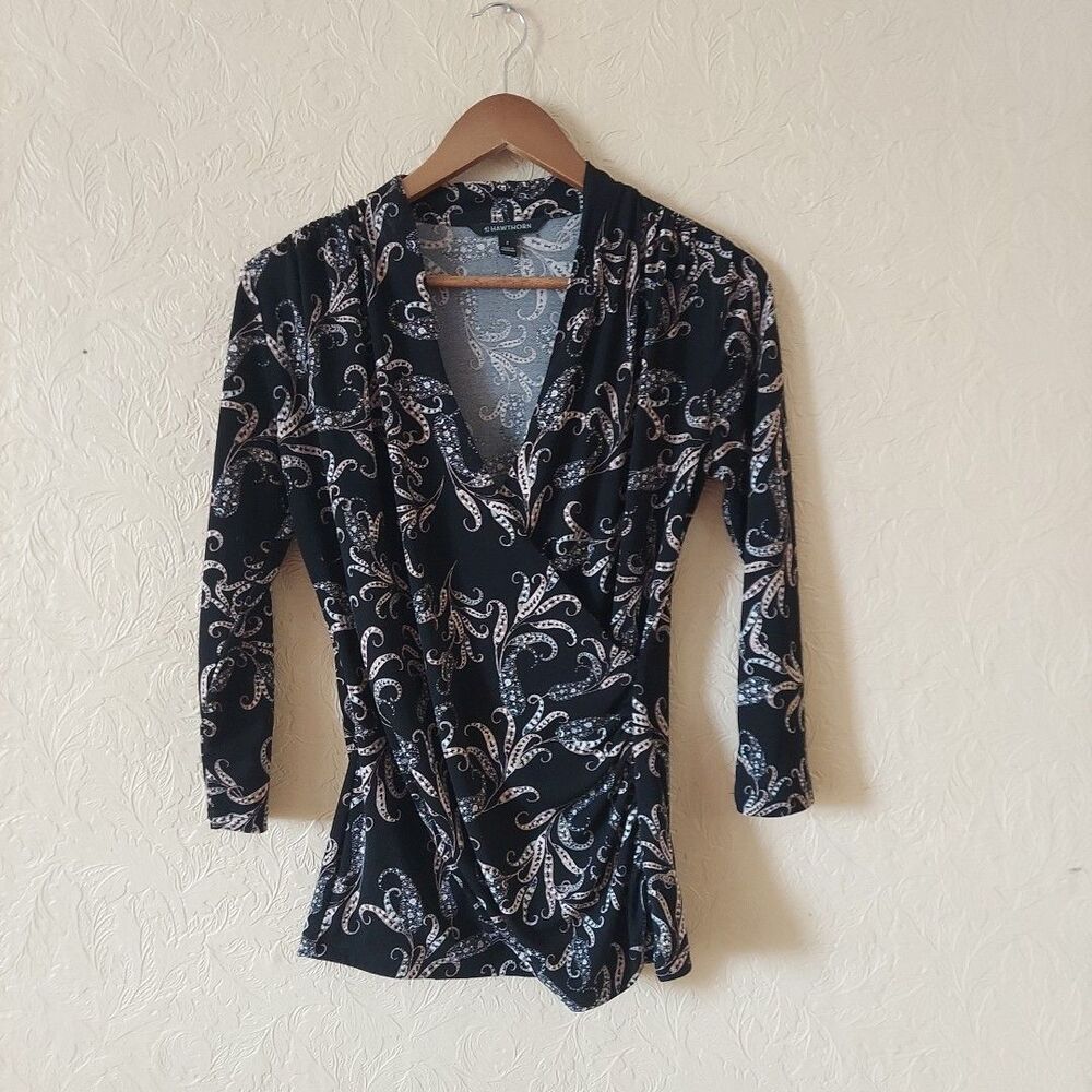 41 Hawthorne Black Printed Blouse Crossover Wrap Front 3/4 Sleeve Sz Small